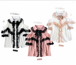 Women's Blouses 2024 Summer Sweet Stand Collar Short Sleeve Shirt Elegante Original Lolita Lace Hollow Out Women Blouse Blusas De Mujer Y2k