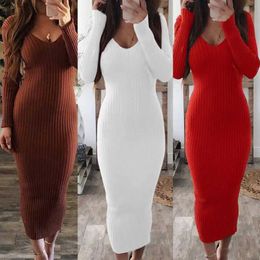 Basic Casual Dresses Hot Sale Christmas Casual Dresses for Women 2021 Sexy Women Long Sleeve V Neck Backless Ribbed Bodycon Slim Knitted Midi DressL2403