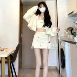 Work Dresses Woman;s Japanese Street Hooded Sweater Coat Vest Overskirt Suit Casual Cardigan Sling Three-piece Set