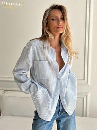 Women's Blouses Clacive Fashion Loose Blue Stripe Shirt 2024 Casual Lapel Long Sleeve Office Elegant Blusa Top Female Clothing