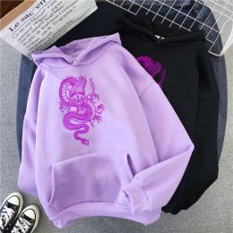 Polos vintage women's hoodie China dragon print purple hooded sweatshirt Harajuku hiphop top streetwear women casual Oversize hoodie