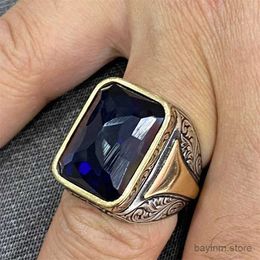 Wedding Rings Delicate Square Geometry Grave Gold Silver Color Blue Stone Rings for Men Party Jewelry Gift