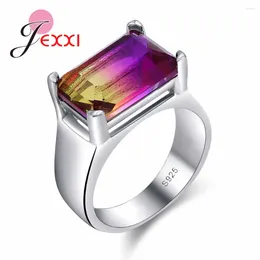 Cluster Rings Fashion Delicate Women Ring Rainbow Rectangle Crystal Jewellery For Ladies Christmas Gift 925 Sterling Silver Needle Anel