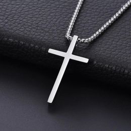 Pendant Necklaces Simple Smooth Square Hole Cross Stainless Steel Men's Necklace For Christian Religious Jewellery