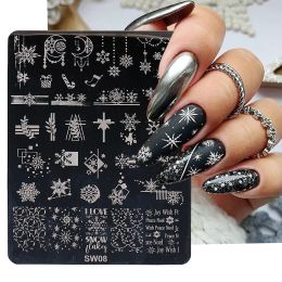 Art Winter Christmas Nail Stamping Plates Snowflakes Moon Gift Crutch Sock Image Nail Stencils French Lace Manicure Templates SASW