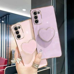 Cell Phone Cases Luxury Plating Love Heart Holder Phone Case For Samsung Galaxy S20 Fe S21 Plus Ultra S22 5g S 20 21 S20fe Stand Silicone Cover 240423