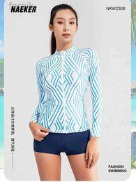 Women's Swimwear 2024 Womens Swimsuit Set Long Sleeve Stripe Surfing Diving Suit Flat Angle Short Pants UPF50+ Quick-dry Slim Jellyfish Swimwear d240424