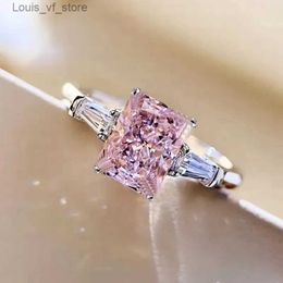 Band Rings Exquisite Square Inlaid Pink Zircon for Women Classic Shine Silver Color Engagement Wedding Jewelry H240424