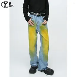Men's Jeans Retro Yellow Graffiti Man Korea Fashion Casual Straight Cowboy Pants High Street Wash Baggy Male Wide Leg Denim Trousers