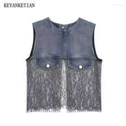 Women's Tanks KEYANKETIAN 2024 Launch Lace Patchwork Cropped Denim Vest Top Chic Vintage O-Neck Sleeveless Pullover Sexy Camisole