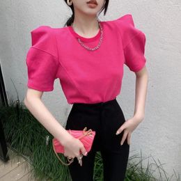 Women's T Shirts Korean Style Chic T-shirts For Women 2024 Summer 4 Colour Loose Bubble Sleeve Sweet Top Fashion Chain Round Neck Tee Ladies
