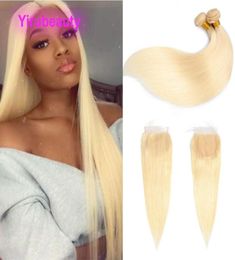 Brazilian Human Hair 613 Colour Straight 3 Bundles With 4X4 Lace Closure Middle Three Part Blonde 4PCS 1630inch3525247