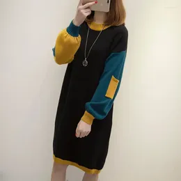 Casual Dresses Female Clothing Contrasting Colours Midi Dress Chic Asymmetrical Autumn Winter Half High Collar Patchwork Knitted