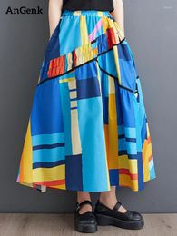 Skirts 2024 Summer Patchwork Contrast Colour Vintage Print High Waist Skirt Women Korean Fashion Loose Casual Midi Clothes