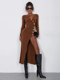 Casual Dresses TARUXY Knitted Maxi Dress For Women Sexy Slit Slim Long Sleeve Buttons Knitwear Party Elegant Retro Lady 2024