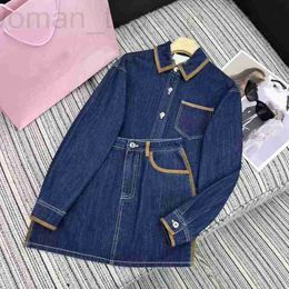Two Piece Dress Designer Early Spring Denim Color Contrasting Flip Collar Fashion Set with Western Style Single Pocket Letter Shirt+A-line Short Skirt X42X