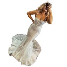 Sexy Crystal Straps Mermaid Wedding Dresses Sequined Lace Corset Wedding Dress Glitter Shine Bridal Gown