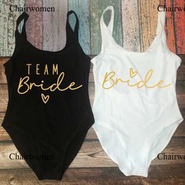 Women's Swimwear S-3XL Gold Print Team Bride One-Piece Swimsuit Squad Women Swimwear Bachelorette Party Swimsuit Summer Beatchwear Bathing Suit d240424