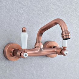 Kitchen Faucets Antique Red Copper Washbasin Faucet Wall Mounted Sink Swivel Spout Bathroom Basin Cold And Water Taps Dsf879