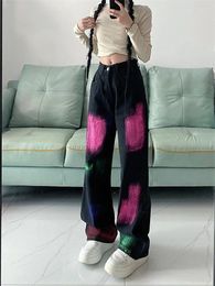 Women's Jeans Spray Printed Graffiti Design Wide Leg Casual American Street Pants Female High Waist Straight Denim Trousers