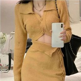 Work Dresses 2 Piece Sets Womens Outfits Roupas Femme Long Sleeve Cropped Cardigan Mini Bodycon Suit Fashion Hollow Out Sexy Knit