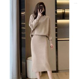 Work Dresses Intellectual Elegant Light Mature Style Knit Set Autumn Round Neck Sweater Split Half Skirt Two Piece