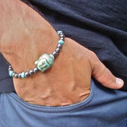 Strands Men's Spiritual Protection Tibetan Buddha Bracelet with Semi Precious Turquoise