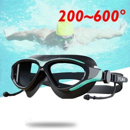 -2.0~6.0 Adult Myopia Swim Goggles with Earplug Waterproof Anti-Fog HD Large Frame Diopter Swimming Diving Water Sports Eyewear 240417