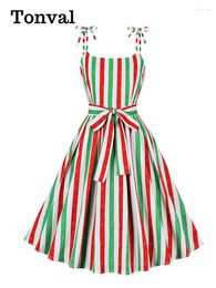 Casual Dresses Tonval Green Red Striped Print Christmas Dress Women Knot Strap High Waist Bow Tie Belt 2024 Summer Pleated Vintage