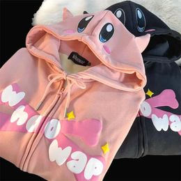 Women's Hoodies American Retro Harajuku Letter Print Hoodie Anime Skeleton Hands Big Eyes Cute Zipper Cardigan Loose Top