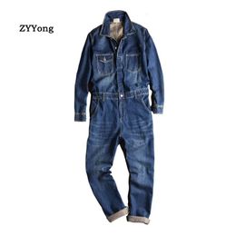 Spring And Autumn Mens Denim Jumpsuits Long Sleeve Lapel Overalls Blue Jeans Hip Hop Cargo Pants Fashion Freight Trousers 240410