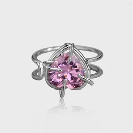 Cluster Rings Surflove Korean Pink Heart Crystal Zircon Aesthetic Open Ring Simple Girl Fashion Kpop Jewellery Trend 2024