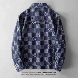 24 New High-quality personality jacquard denim jacket men's couple men and women loose checkerboard plaid casual jacket tide