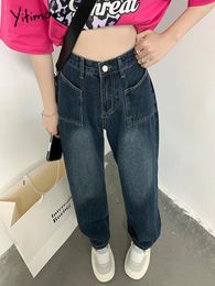 Women's Jeans Yitimuceng Dark Blue Woman Y2k Vintage Straight Baggy Loose Denim Pants Streetwear Style Fashion Wide Leg Trouser