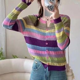 Women's Knits Colorful Striped Knitted Sweaters Single Breasted Soft Slim Short Cardigans Coats Streetwear Women Casual Sweater