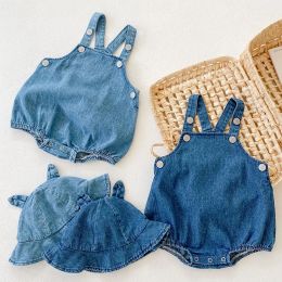 One-Pieces Spring Summer New Kids Clothes Baby Girls and Baby Boy Girl Denim Suspender Romper + Hat 02 Years Old Cotton Jumpsuit