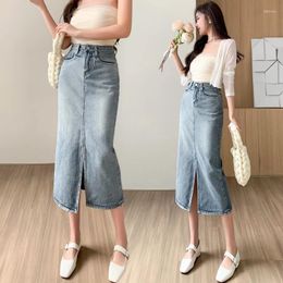 Skirts 2024 Women's Casual High-waisted Split Denim Skirt Slim Knee-length