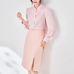 Work Dresses Chinese Style 2 Piece Skirts Sets Women Outfit Elegant Long Sleeve Shirt And Split Skirt Women's Jacquard Two Pieces Set Slim