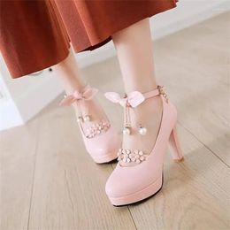 Dress Shoes High-heeled 10cm Girls Lolita Pink Pearl Flowers Student Female Pu Chunky Women Summer Tea Party