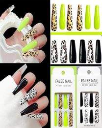 24 piecesset leopard print fake nails extra long coffin fake nails elegant shiny fluorescent acrylic nail tips manicure tool4774956