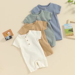 One-Pieces 20240110 Lioraitiin Summer Baby Girl Boys Romper ONeck Short Sleeve Button Down Solid Colour Shorts Jumpsuit Infant Clothes