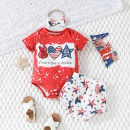 Clothing Sets Baby Girl 4th Of July Outfit Letter Print Short Sleeve Romper Star Shorts Bow Headband Infant Toddler Summer Set