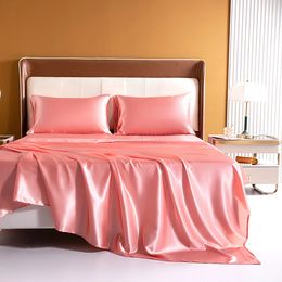 Pink High-End Rayon Satin 4pcs Fitted Sheet Set Silky Solid Colour Bed Sheet Elastic Band Sheets Smooth Bedsheet Mattress Cover 240410