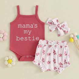 Sets 3PCS Sleeveless Baby Girls Summer Clothing Sets Cute Lovely Letter Print Romper Floral Drawstring PP Shorts Headband Kids Outfit