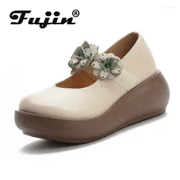 Casual Shoes Fujin 5cm Genuine Leather Women Summer Slip On Loafers Platform Wedge Sandals Heel Slippers Lady Comfy Fashion Appliques