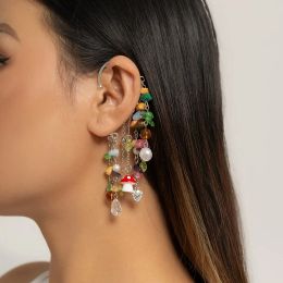 Earrings Boho Classic Colourful Irregular Natural Stone Mushroom Pendant Tassel Clip Earrings Women No Piercing Fake Cartilage Ear Jewellery