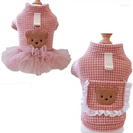 Dog Apparel Bear Pattern Plaid Clothes Winter Pink Coat Jacket Pet Clothing Puppy Tulle Dress For Small Chiwawa Topcoat