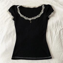 Women's T Shirts 2024 Casual Tees Aesthetic Grunge Clothes Lace Tirm Black T-shirt Slim Fits Long Sleeve Crop Top Y2k 2000s 90s Cute