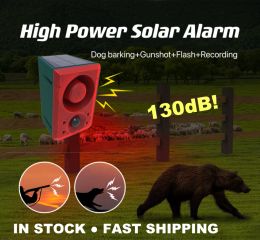 Accessories NEW High Power Solar Infrared Motion Sensor Alarm Barking Gunshot Flash Induction Sound Light 130dB Animal Repeller Recording