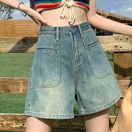 Women's Jeans High Waist Denim Shorts For Women Loose 2024 Retro Straight Leg Wide Pants Woman Minimalist Pocket Blue